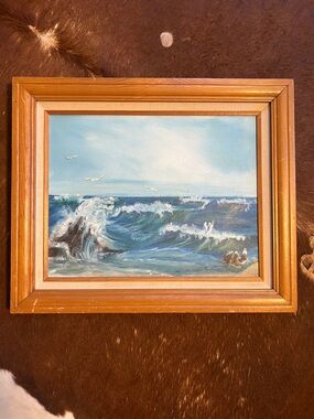 Seascape Wave Canvas Oil Painting in Blue, signed by artist J. Evangelista